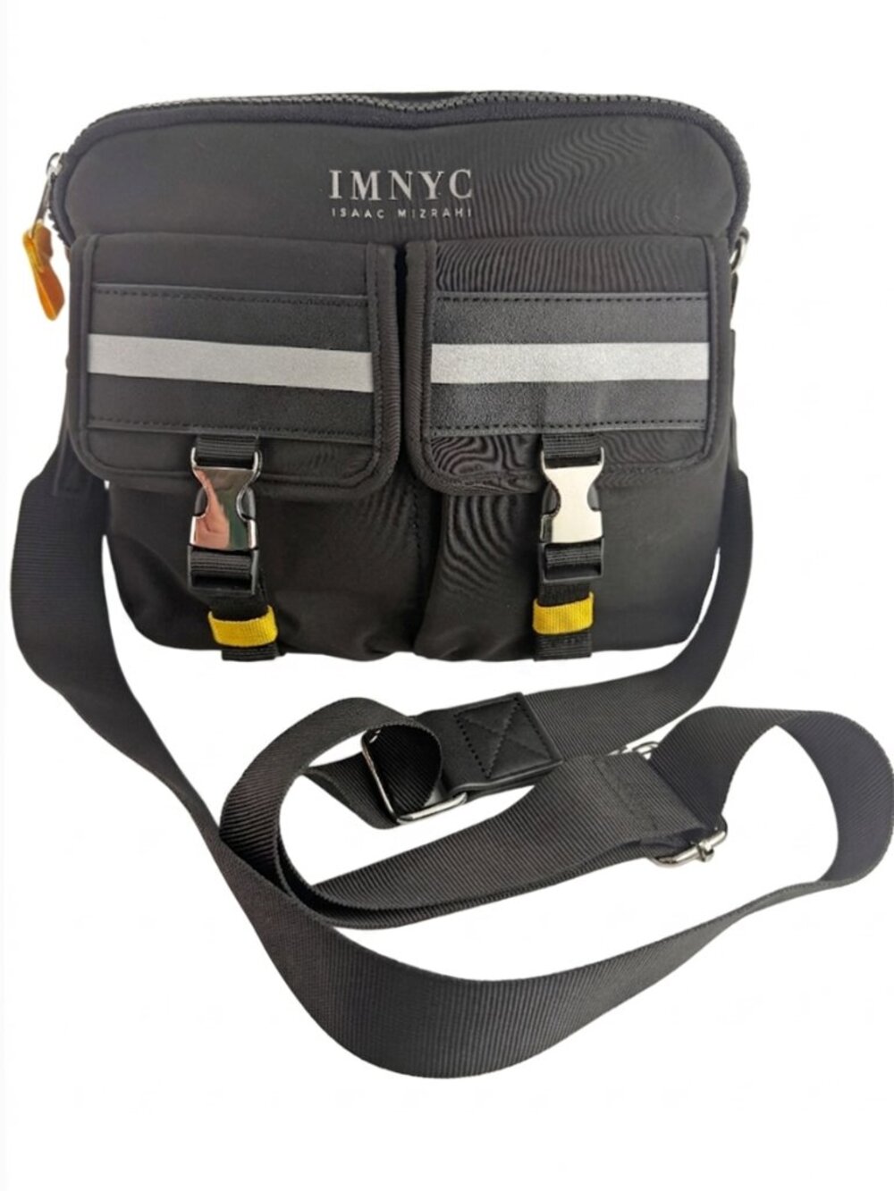 IMNYC Isaac Mizrahi Black Nylon Utility Crossbody Bag - Reflective Silver Stripe